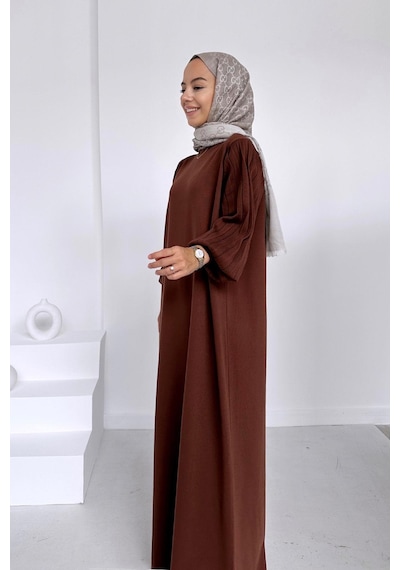 Kahijab Balon Kol Merserize Elbise - Kahverengi