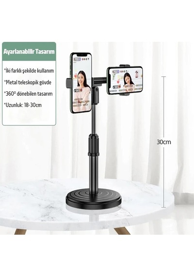 Ally Masaüstü Youtube Tiktok Canlı Yayın Çift Telefon Tutucu Stand- 5775 Siyah
