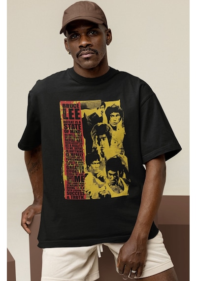 Tasarım Bruce Lee Efsane Dövüşçü Baskılı Unisex Oversize Tişört Siyah
