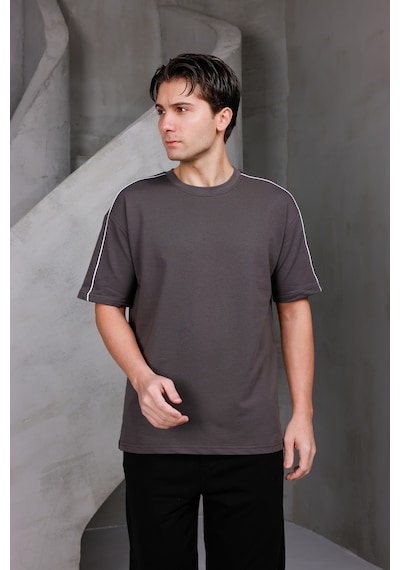 Erkek Şeritli Oversize Bisiklet Yaka 2 İki İplik Kompakt T-shirt Kahverengi