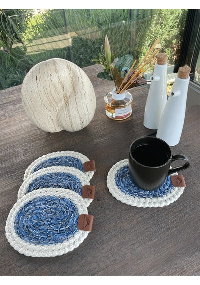 4 Adet Oval Kılfılı Bardak Altlığı- Leke Tutmaz- Beyaz-mavi 13x17 Cm Beyaz - Mavi