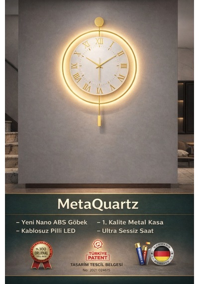 Gold - Royal Kadran Exclusive - Pilli Led - 3 Pil İle Gelir - Modern Metal Duvar Saati