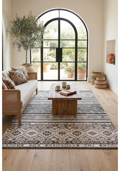 Etnik Kilim Desenli Pamuk Taban Yıkanabilir Baskılı Dekoratif Halı Gri