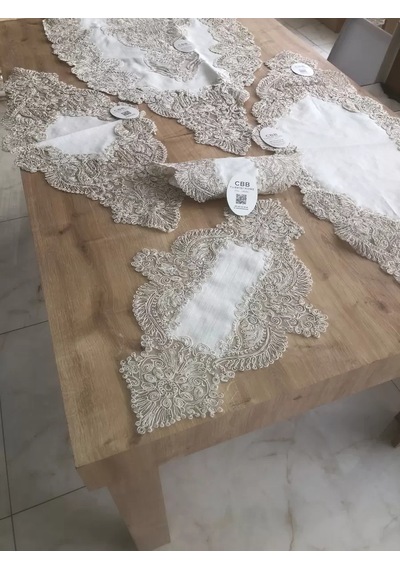 Salon Takımı Keten Angelika Çeyizlik Kreme Gold Runner Set 5 Parça Keten Ranır Masa Sehpa Konsol Ört Çok Renkli