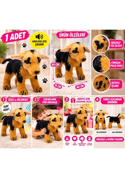 Sesli Peluş Köpek 40 Cm Havlayan Gerçekçi Sevimli Köpek Oyuncak Kahverengi