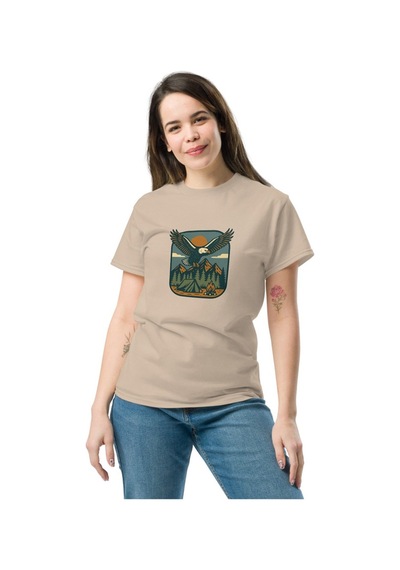 Wildstyle Kartal Renkli Vintage Yaban Hayat Doğa Dağ Rozet Baskılı Unisex Bisiklet Yaka Pamuklu Tişört Camel