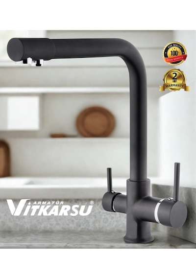 Oval Lüks 3 Yollu Arıtma Çıkışlı Mix Aç-kapa Mutfak Evye Bataryası Siyah