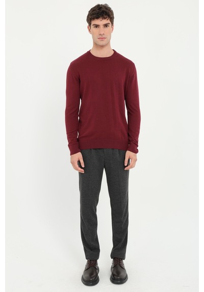 Dufy Bordo Bisiklet Yaka %100 Pamuk Düz Renk Slim Fit Erkek Triko-19177