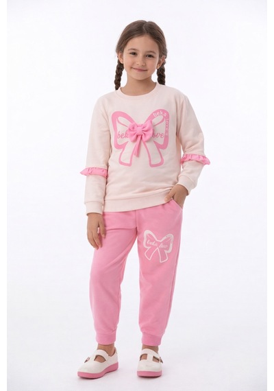 Beka Kids Kız Çocuk Kurdele Detaylı Siyah Sweatshirt Pantolon Alt Üst Takım Pembe