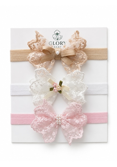 Glory Baby Kız Bebek 3'lü Dantelli Fiyonk Bandana Seti Ekru-camel-pembe