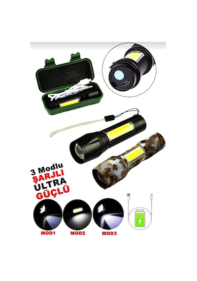 Lunaev Usb Charge 2'si 1 Arada3w+1 W Usb Şarjlı Ledli Polis El Feneri Metal Kasa Pls.kutu Açık Ahşap