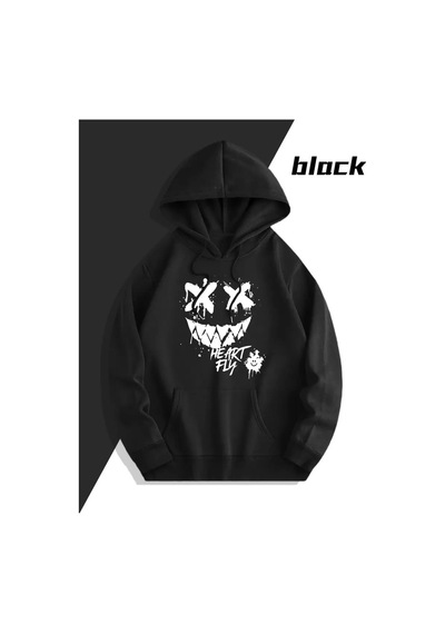Nevermind Sevgili Kombini Oversize Hoodie Heart Fly Gülüş Baskılı 3 İplik Siyah