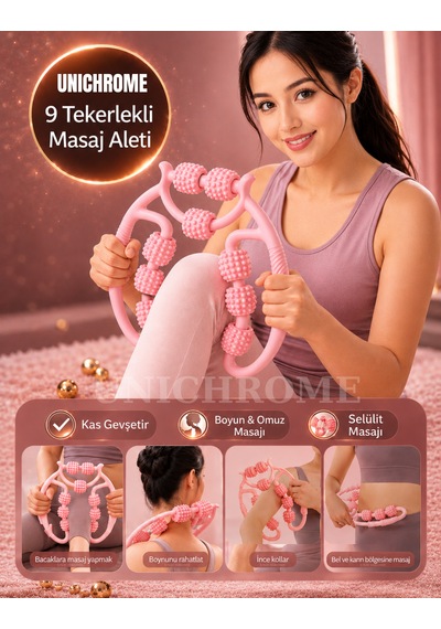 Kas Gevşetici Sıkılaştırıcı Masaj Aleti 9 Tekerlekli Lenf Drenaj Rulosu - Bacak Selülit Azaltıcı Açık Pembe