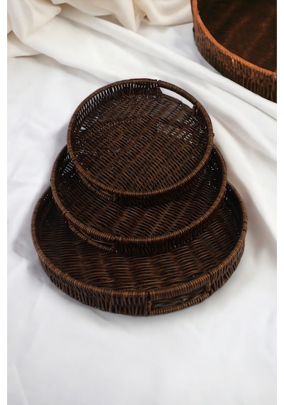 3 Lü Rattan Tepsi Dekoratif Tepsi Hasır Örme Tepsi Yuvarlak Kahverengi