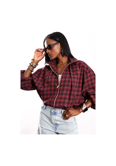 5in1Canpolat Bordo Dik Yaka Ekose Bomber Ceket 9784