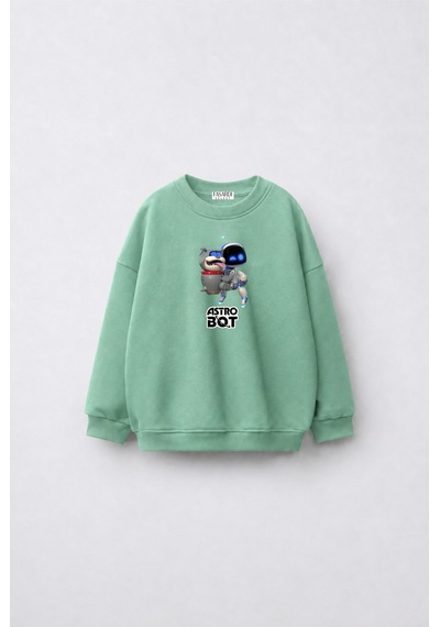 Fasardi Astro Bot Baskılı Oversize 3 İplik Şardonsuz Uzun Kollu Unisex Çocuk Sweatshirt Mint