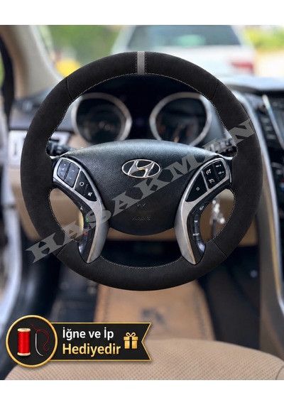 Hyundai İ30 Dikme Direksiyon Kılıfı Alcantara Süet Mat Karbon Gri Yüzük Ve Dikiş 2012-2017 Siyah