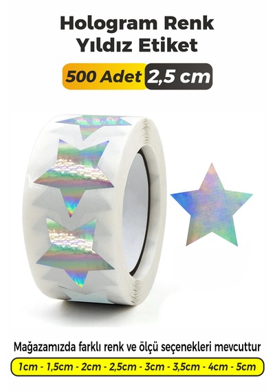 Hologram Renk Yıldız Kesim Etiket 2,5cm 500 Adet Çok Renkli