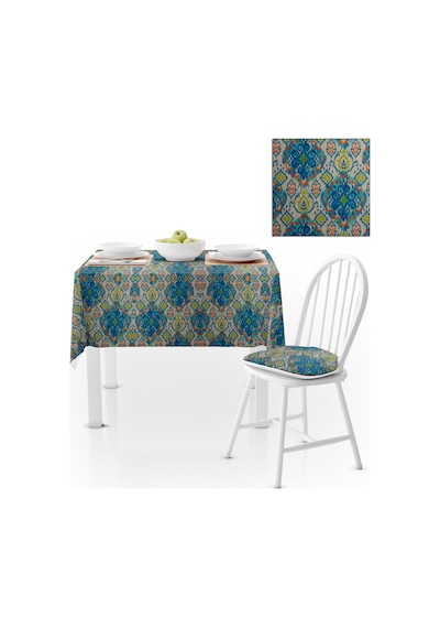Damask Desenli Mavi Turkuaz Dijital Baskılı Süet Dokuma Masa Örtüsü 140x140