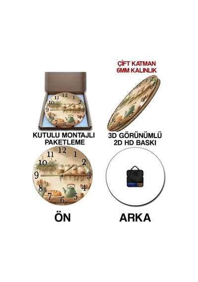 Kututr Nostaljik Raflı Mutfak Temalı Mdf Saat / Çift Katmanlı / 33 Cm / Country Tarz Dekor Sdw356 Diğer