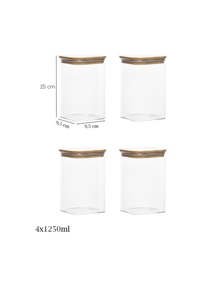 Porsima 6-4 Bambu Vakumlu Kapaklı Kare Borsilikat Cam 4lü Kavanoz Seti Saklama Kabı 1250ml 9,5x15cm