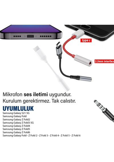 Samsung Uyumlu Fold Z Fold 2-3-4-5-6 3.5mmtypec Kulaklık Dönüştürücü
