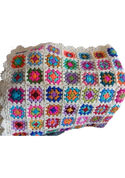 El Örgüsü Etnik Otantik Motifli Ekru Koltuk Şalı 95 Cm X 95 Cm Çok Renkli
