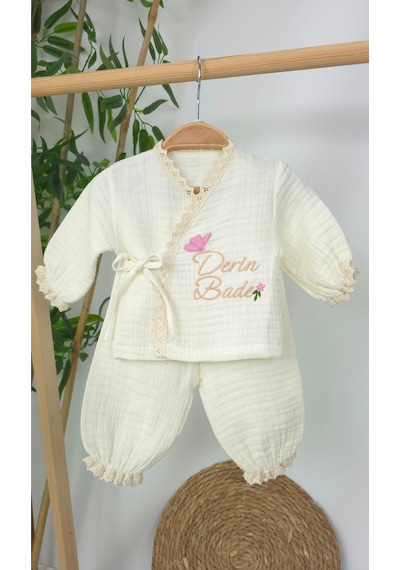 Gros Shop Müslin Yeni Doğan 4katlı Organik %100pamuk Kişiye Özgü Nakışlı Hastane Çıkış Seti Tavşan Model-3 Ekru-6