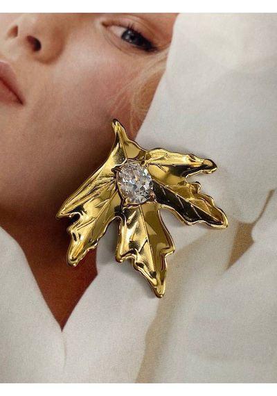 Pinery Jewels İri Taşlı Yaprak Paslanmaz Çelik Kadın Küpe Çifti Altın