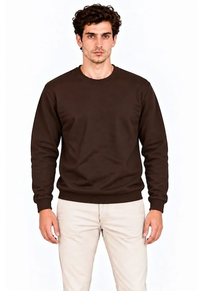 Butik İstanbul Erkek Bisiklet Yaka İçi Şardonlu 2 İplik Düz Uzun Kollu Regular Fit Sweatshirt - Kahverengi