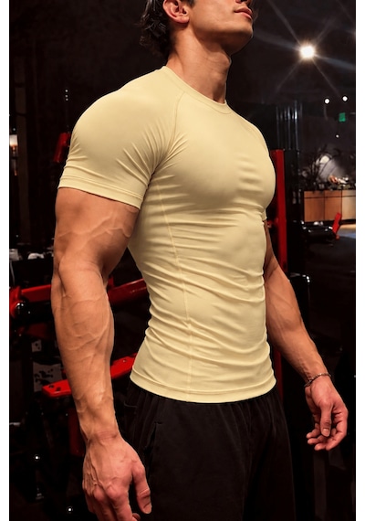 Genius Store Erkek Dalgıç Kumaş Compression Spor Tişört Muscle Body Fit Gym Antrenman T-shirt Compression-t-shirt Bej
