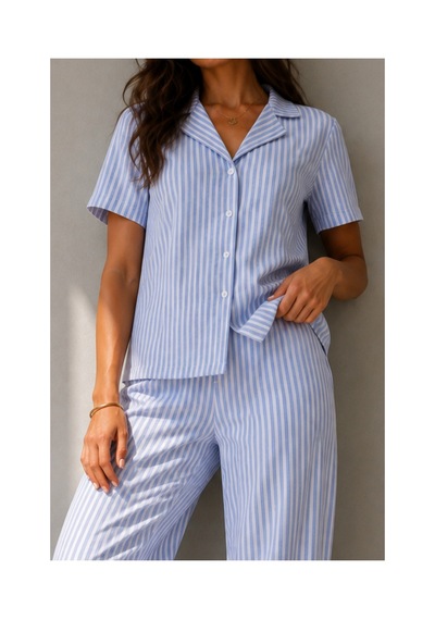 Fit Women Kadın Klasik Doğal Düğme Gece Mavi Pijama Takımı