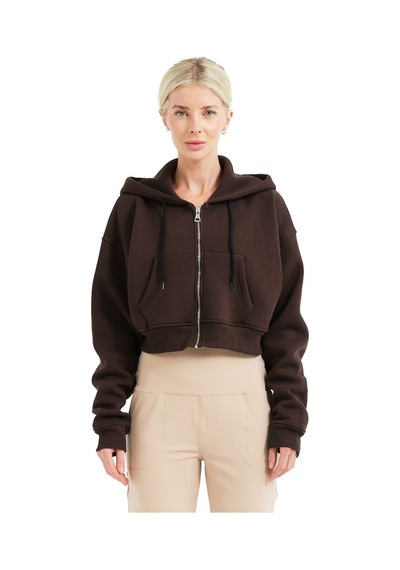 Justever Crop Kapüşonlu Fermuarlı Kanguru Cepli Şardonlu Hoodie Acı Kahve Kadın Sweatshirt - Lumen Acı Kahve Acı Kahverengi