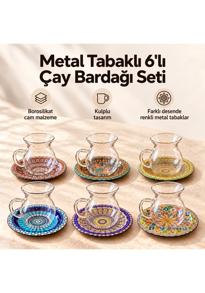 Renkli Metal Tabaklı 6'lı Çay Bardağı Seti Çok Renkli