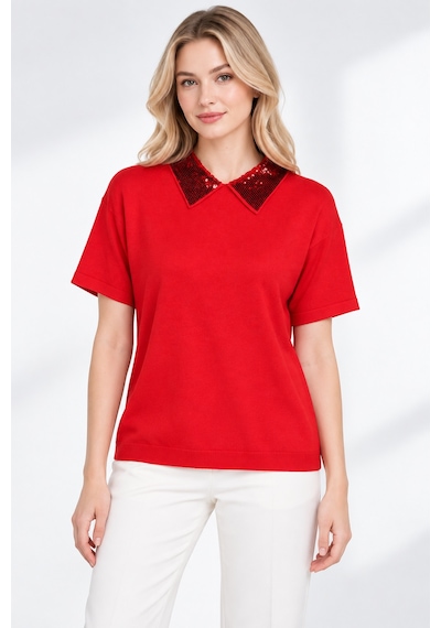 Bihan Store Pul Payet Yakalı Kısa Kollu Kadın Bluz W27-2922-kırmızı