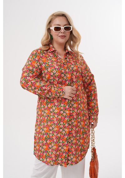 Polologin Butik Küçük Çiçek Desenli Turuncu Viskon Tunik Turuncu