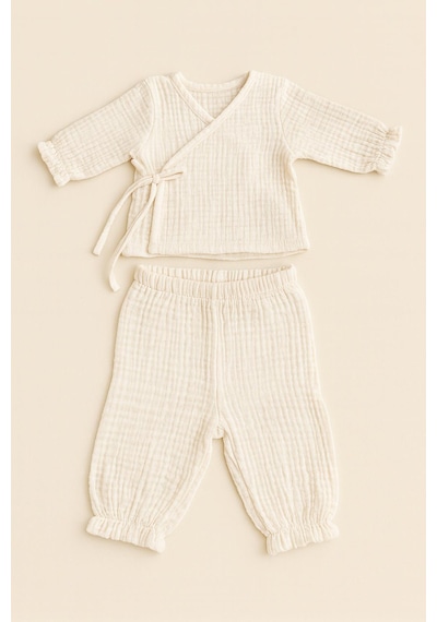 Heianmono 4 Katlı Müslin Yeni Doğan Set Hastane Çıkışı Alt Üst Takım-eldiven-şapka-üçgen Önlük Kız-unisex Bej