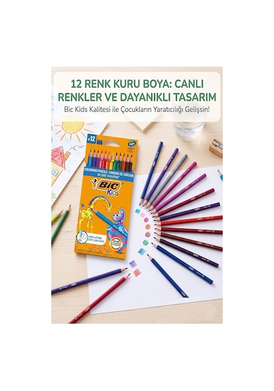 12 Li Kuru Boya Kalemi Karton Kutu 1 Paket Bic Evolution 12 Renk Kuruboya Tam Boy Canlı Renkli Boya Kalem Okul Öğrenci Çok Renkli