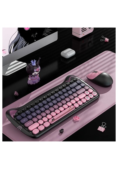 Geezer Cat Kablosuz Klavye Mouse Seti 2.4g Kedi Kulaklı Sevimli 84 Tuş Kompakt Renkli Set Optik
