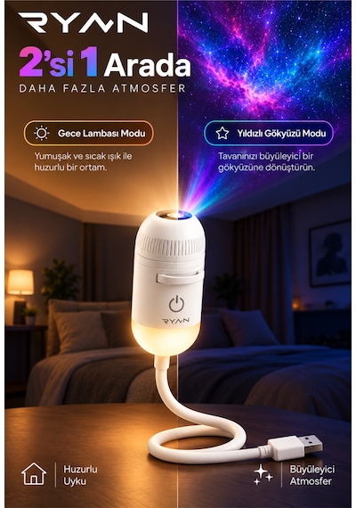Usb Galaksi Projektör Led Gece Lambası 360 Ayarlanabilir 12 Filmli 2 Si 1 Arada Ambiyans Işık Beyaz