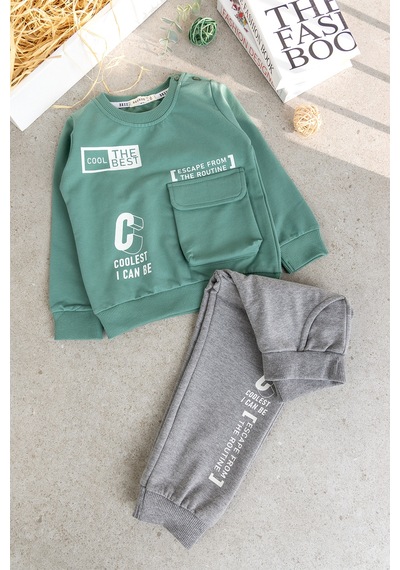 Babymod Erkek Çocuk Cool The Best Baskılı Yeşil Sweatshirt Ve Gri Eşofman Altı Takım