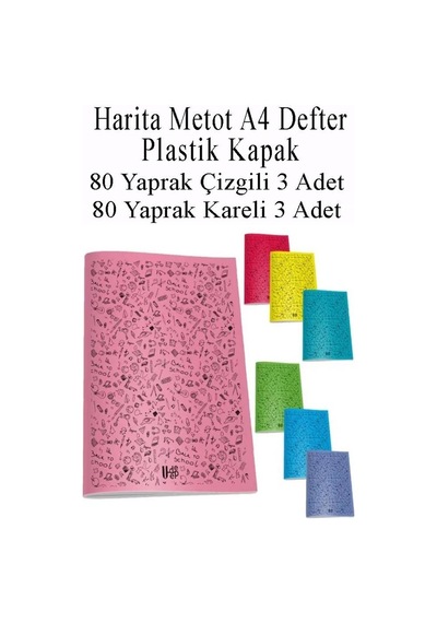 Defter Plastik Kapak A4 80 Yaprak Çizgili 3 Adet Ve 80 Yaprak Kareli 3 Adet Harita Metod Defter