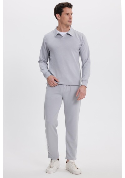 Tudors Erkek Relax Fit Rahat Kesim Polo V Yaka Gri Sweatshirt-41923 Gri