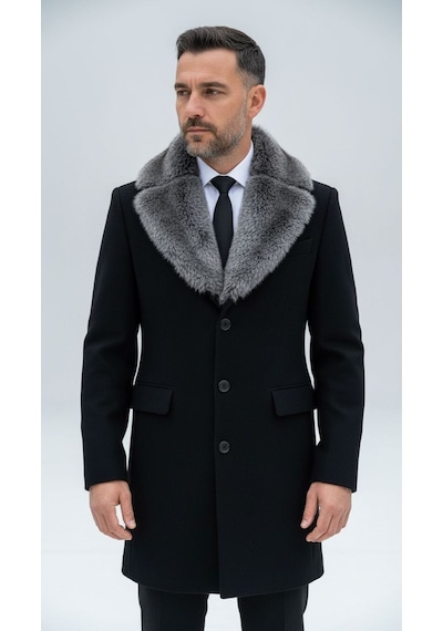 Plus Scorpion Erkek Uzun Kaşe Kaban Çıkartılabilir Kürk Yaka, Astarlı Ve Cepli Slim Fit Mont Bej, Gri, Siyah, Taba Siyah