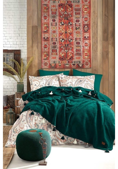 İyi Geceler İstanbul Boho Chic Yeşil Çift Kişilik %100 Pamuk Nevresim Takımı ve Püsküllü Battaniye