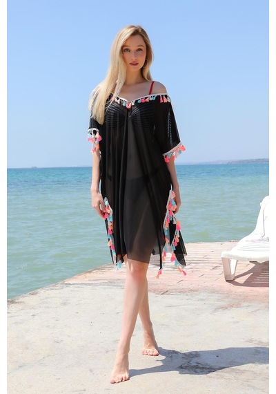 Modi Moda Çizgi Kadın Püsküllü Tunik Pareo Plaj Elbisesi Siyah 38048