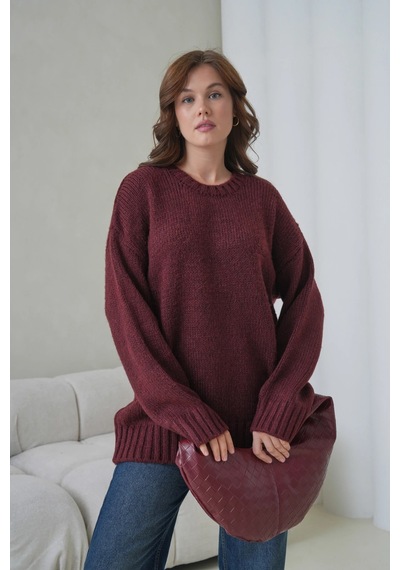 Park Karon Kadın Bisiklet Yaka Yumuşak Dokulu Oversize Triko Kazak 3032 Bordo