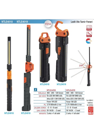 Nt Tools Ntle4018 Ledli Tamirci Feneri Çift Taraflı 400 + 200 Lümen Siyah - Turuncu
