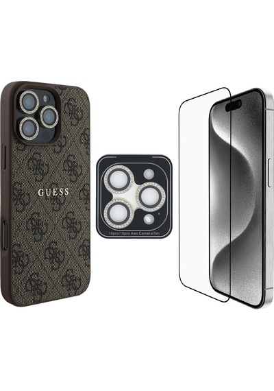 Apple iPhone 16 Pro Guess Lisanslı 3in1 Aksesuar Seti Kılıf + Ekran Ve Lens Koruyucu Kahverengi