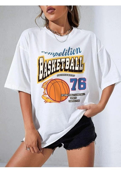 Startmore Kadın Beyaz Basketball Tournament Baskılı Oversize Tişört Beyaz